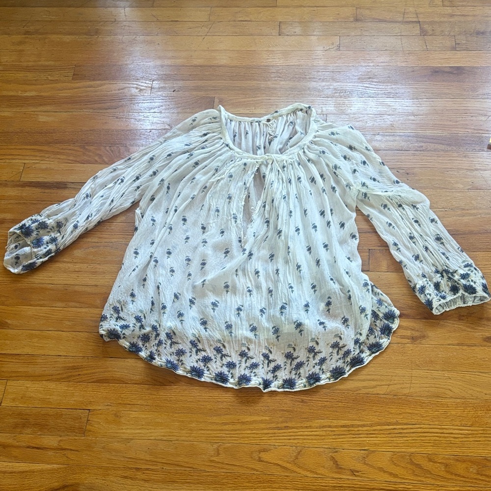 Free People One Sheer Distressed Floral Long Sleeve Keyhole Top